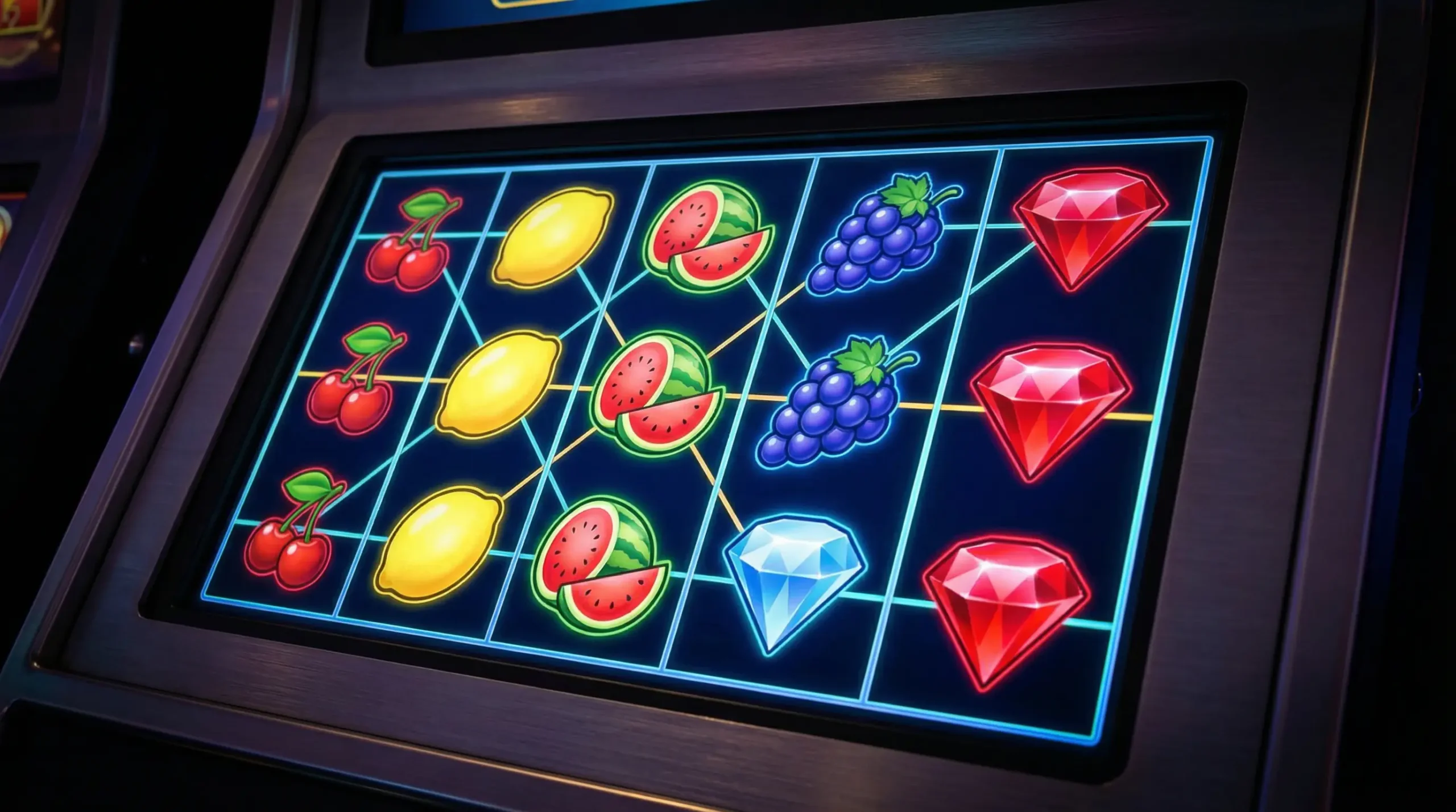 Five-reel online slot grid displaying colourful symbols on a digital screen