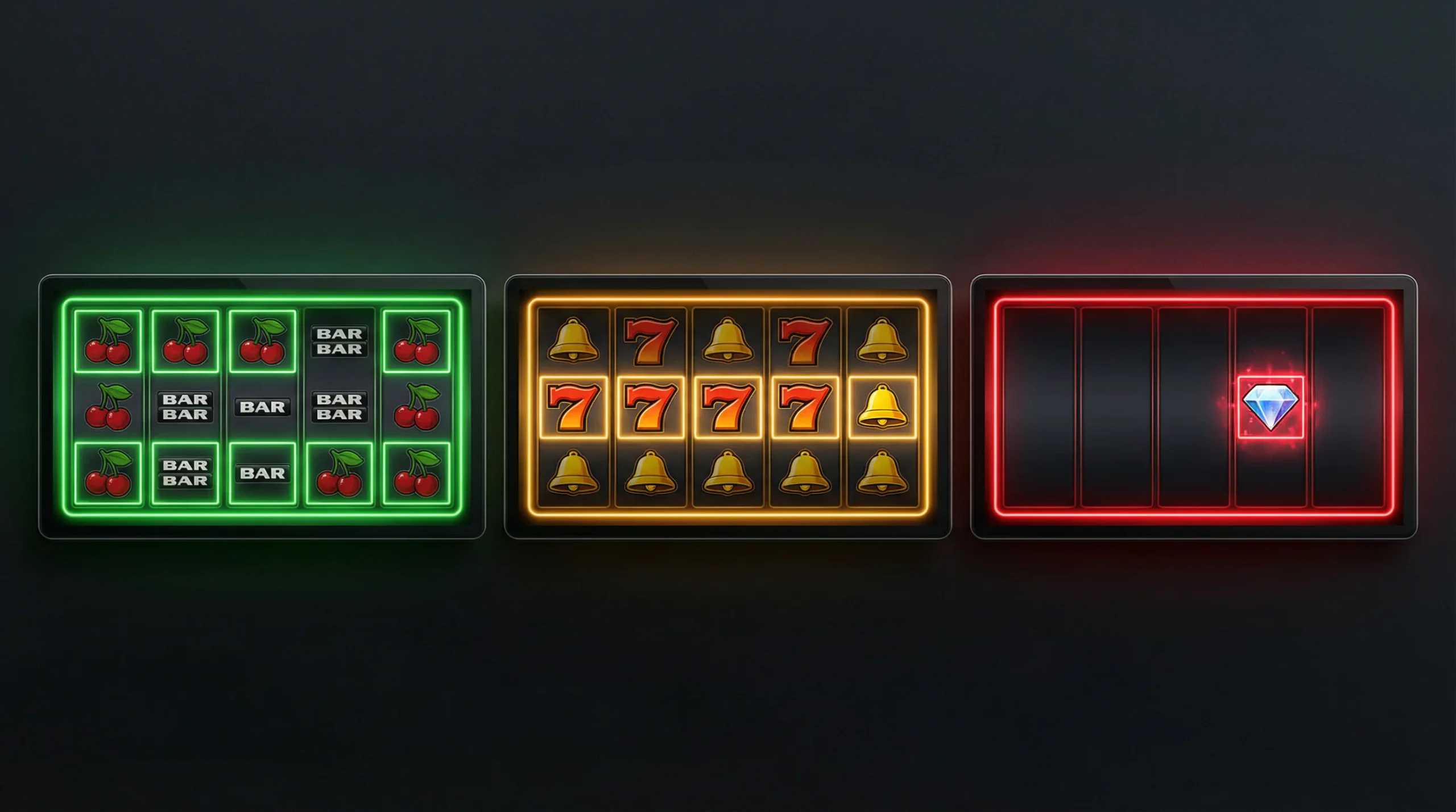 Three slot machine screens side by side showing low, medium, and high volatility payout patterns