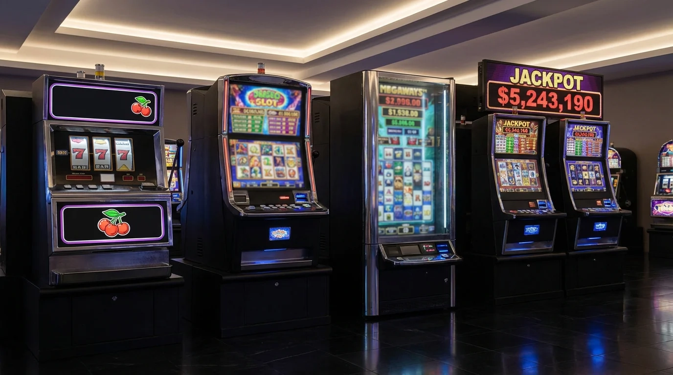 Row of different slot machines in a modern UK casino showing classic, video, and jackpot games