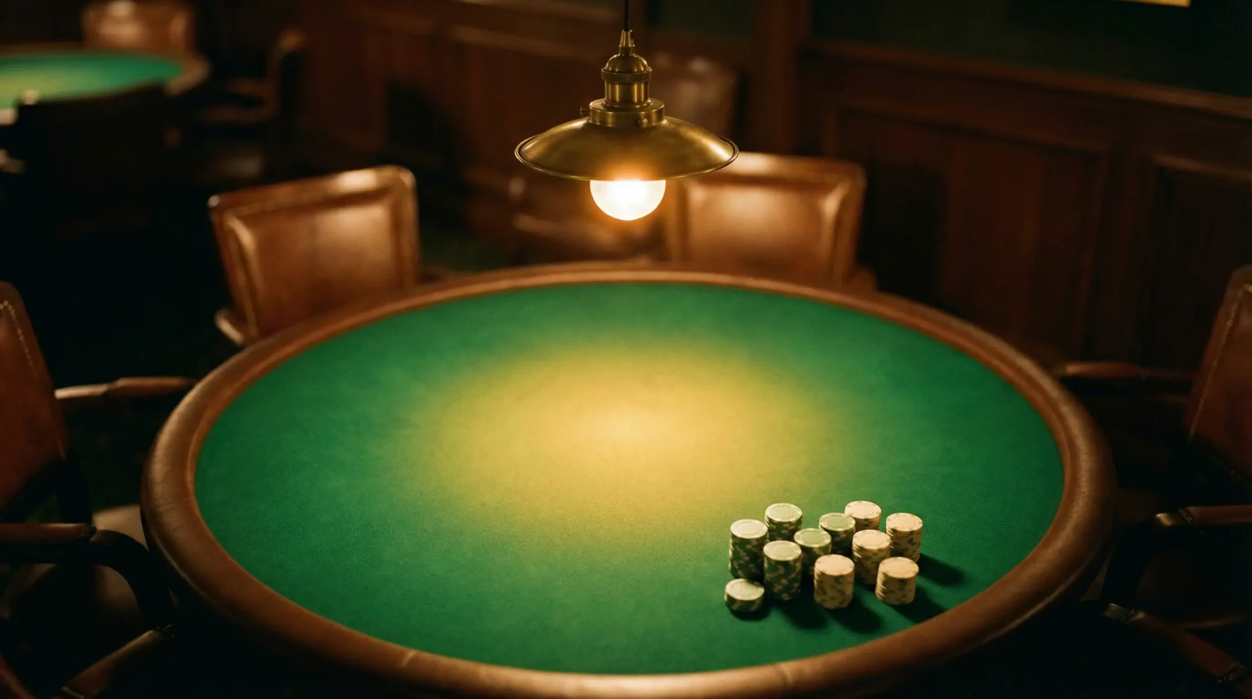 Green casino table felt with slot machine reels and warm overhead lighting