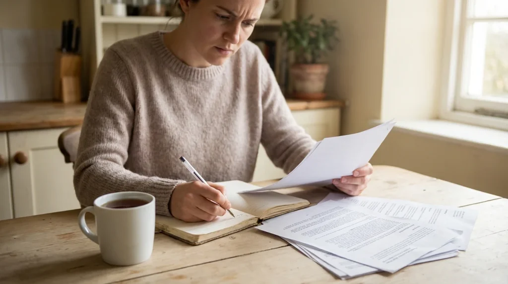Casino bonuses and bankroll management — a person reviewing bonus terms on paper next to a notepad with a budget plan