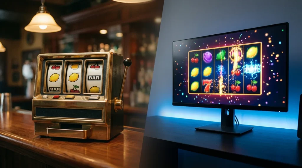 Classic three-reel slot machine next to a modern video slot screen
