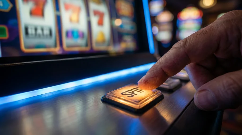 How online slots work — close-up of a slot machine reel mechanism showing the mechanics behind every spin