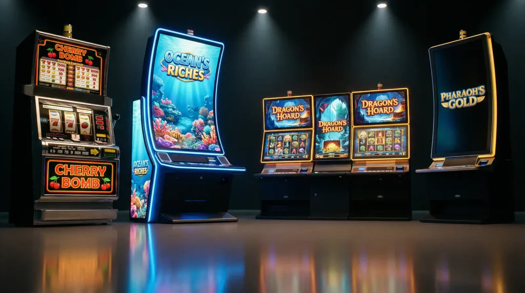 Types of online slots — a row of different slot machines side by side showing classic, video, and modern formats