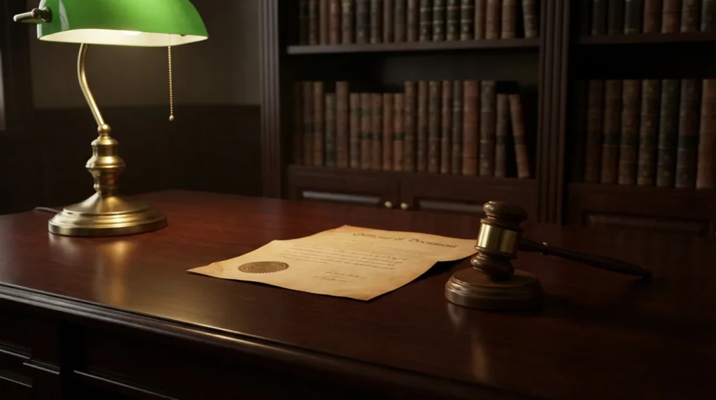 UK gambling regulation — an official UKGC licence document on a desk with a gavel symbolising law and compliance